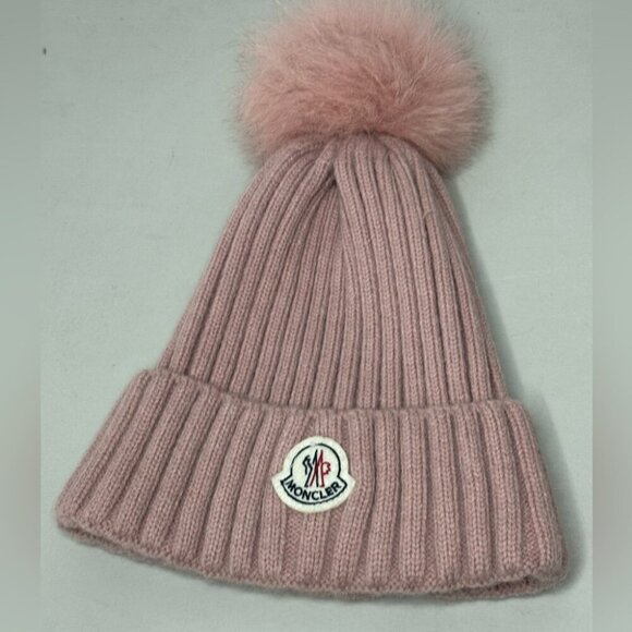 Authentic Moncler Pink Cable Knit Beanie – Wool/Cashmere, Fox Fur Pom - Picture 1 of 8